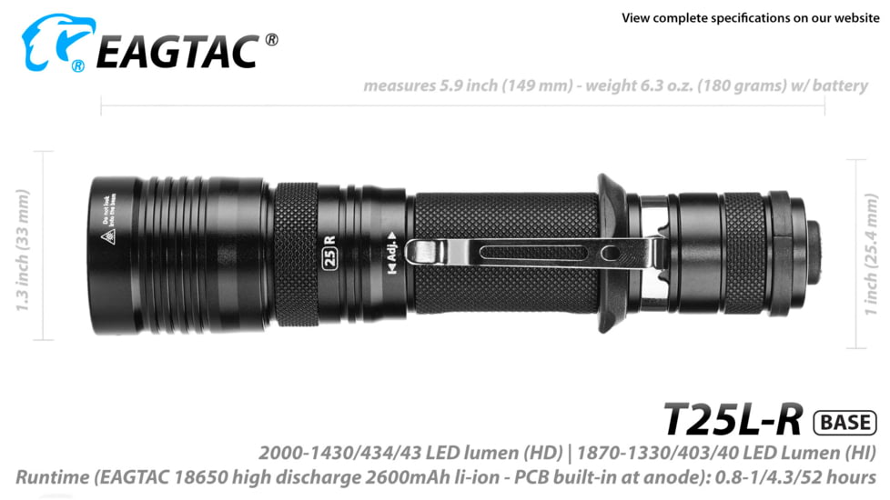 Eagtac USB Rechargeable T25LR XHP35 HI 385 Meter Tactical Flashlight Base, Black, Medium, T25LRHI