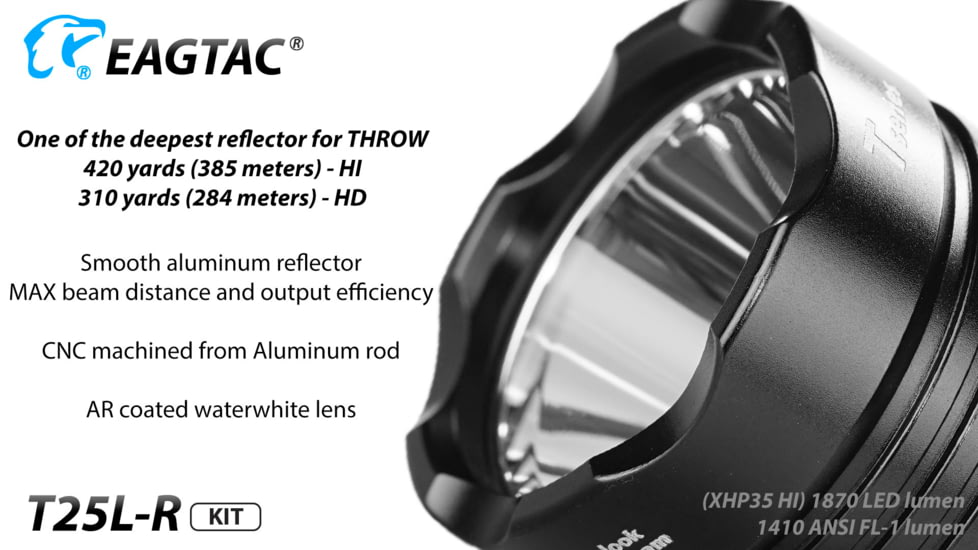 Eagtac USB Rechargeable T25LR XHP35 HI 385 Meter Tactical Flashlight KIT, Black, Medium, T25LRHIKIT