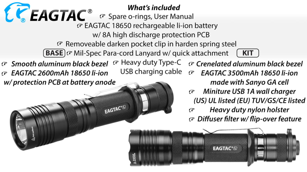 Eagtac USB Rechargeable T25LR XHP35 HI 385 Meter Tactical Flashlight KIT, Black, Medium, T25LRHIKIT