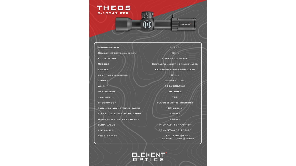 Element Optics Theos 2-10x42mm LPVO 34mm Tube Rifle Scope, First Focal Plane, MPR-1D, Black, ELE50063