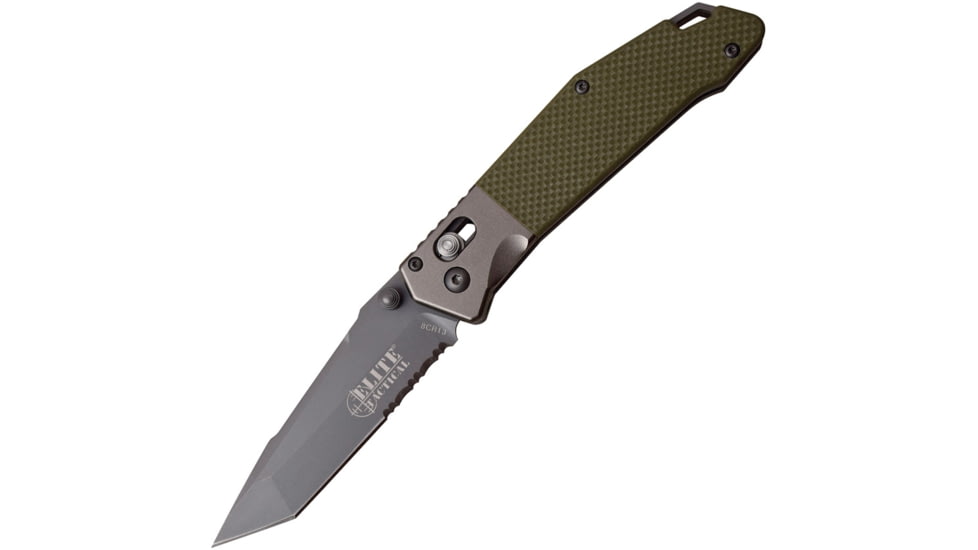 Elite Tactical Rapid Lock Folder, 3.5in Gray Tini Coated Partially Serrated 8Cr13Mov SS Tanto Blade, Green G10 Handle, Aluminum Bolster, ET-1027GN
