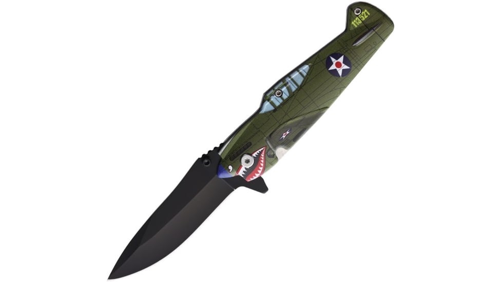 ElitEdge Fighter Plane A/O Folding Knife, 4.88in Closed, 3.5in, Black Finish Stainless Blade, Synthetic Handle, 10-A85GN