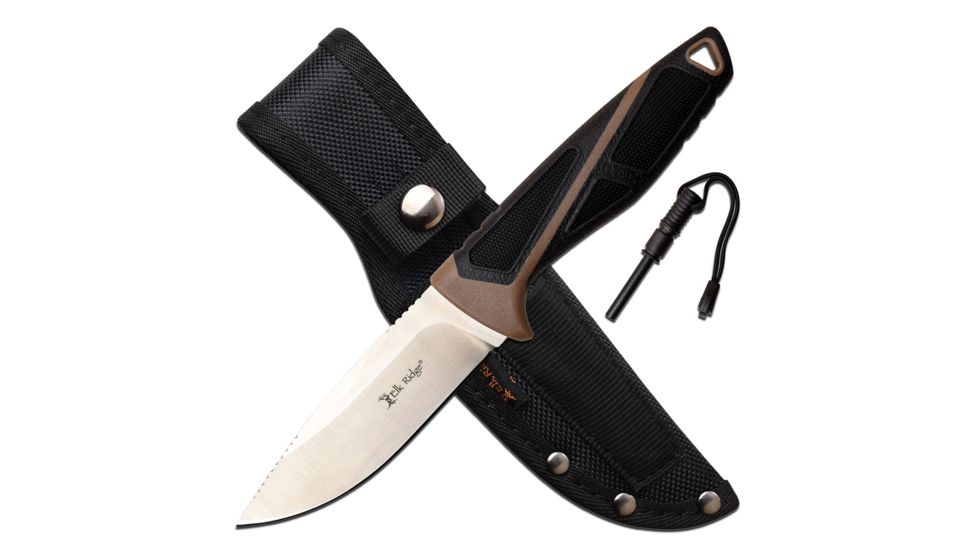 Elk Ridge Fixed Knive, 4in Blade, Flat Ground, 3CR13 Steel Blade Knive, Black/Brown, ER-200-23BR