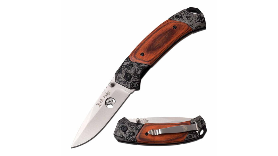 Elk Ridge ER-940ST Manual Folding Knife, 3.25in, 3CR13 Stainless Steel, Spear Point, Steel Blade, Pakkawood Handle, Wood, ER-940ST