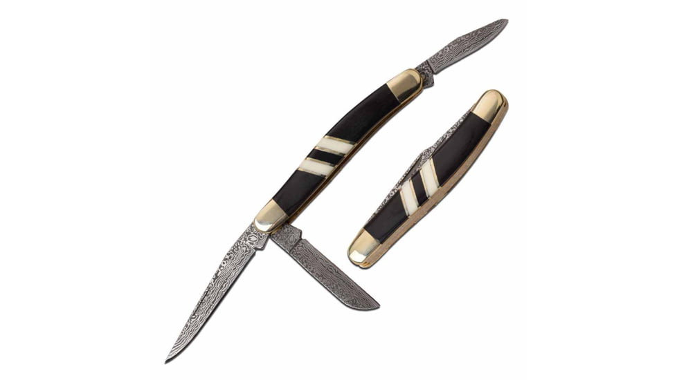 Elk Ridge ER-953WBCB Manual Folding Knife, 2.5in, 3CR13 Stainless Steel, Spey, Damascus Blade, Nickle/Black/Bone, ER-953WBCB