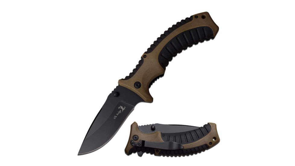 Elk Ridge ER-A164CA Spring Assisted Knife, 3.75in, 3CR13 Stainless Steel, Drop Point, Black Blade, Nylon Fiber Handle, Black/Brown, ER-A934BR