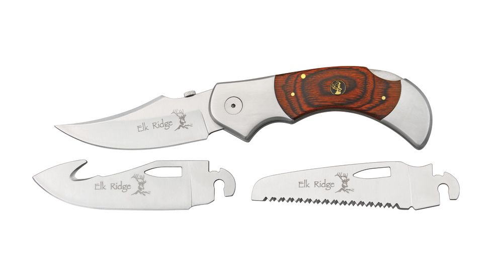 Elk Ridge Exchange Blade Folding Knife, 3.25in, Stainless Clip Blade w/ Thumb Slot, Brown Pakkawood Handle ER055