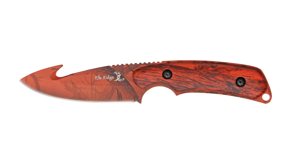 Elk Ridge Guthook Hunter Fixed Blade Knife 3.5in, 3.5in, Guthook Blade, Red Camo Aluminum Handle ER116RC