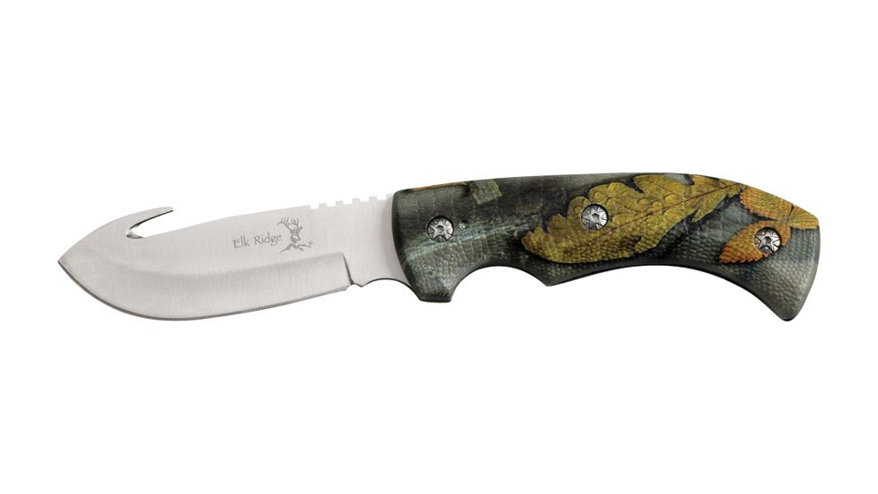 Elk Ridge Guthook Hunter Fixed Blade Knife 4in, 4in, Guthook Blade, Fall Camo Aluminum Handle ER274FC