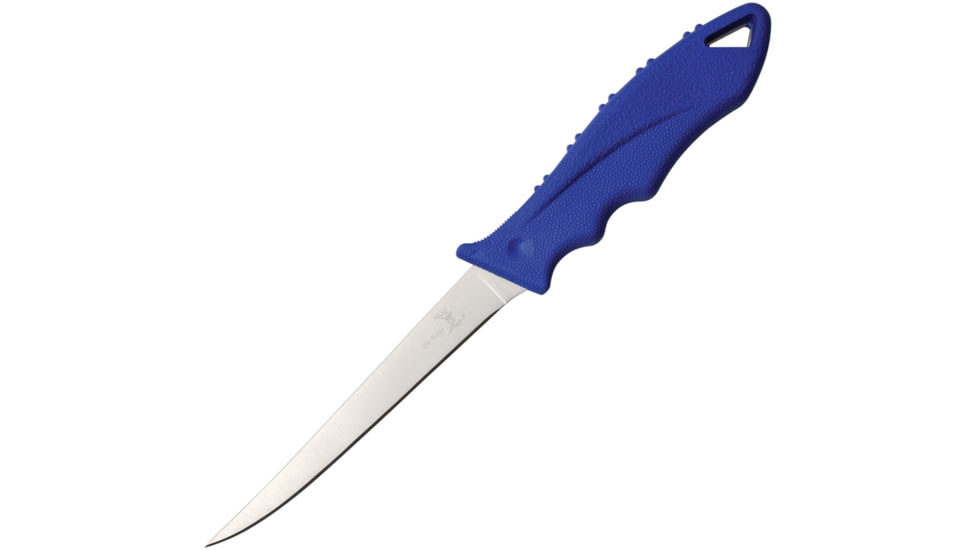 Elk Ridge Knife, 11.5in Overall, 6in Satin SS Fillet Blade, Blue Finger Grooved Rubber Handle, Integrated Ceramic Sharpener On Sheath, Black Plastic Sheath, ER-200-06BL