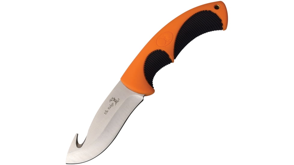 Elk Ridge Knife, 9.25in Overall, 4in Satin 3Cr13 SS Guthook Blade, Rubberized Nylon Handle, Orange And Black Handle, Black Nylon Sheath, ER-200-02G