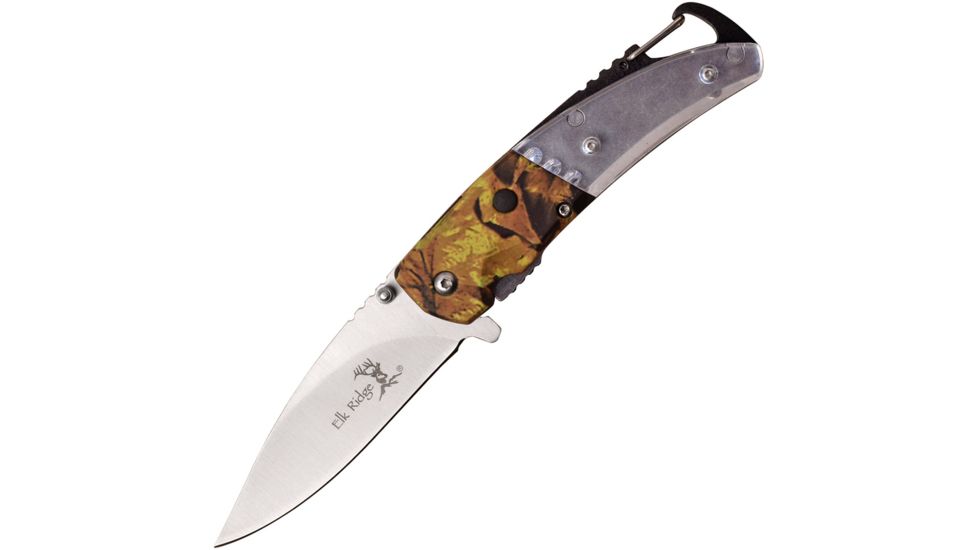 Elk Ridge LED Linerlock A/O Camo Folding Knife,3in,Stainless Steel,Standard Edge,Satin,Camo,Synthetic Handle ERA157CA
