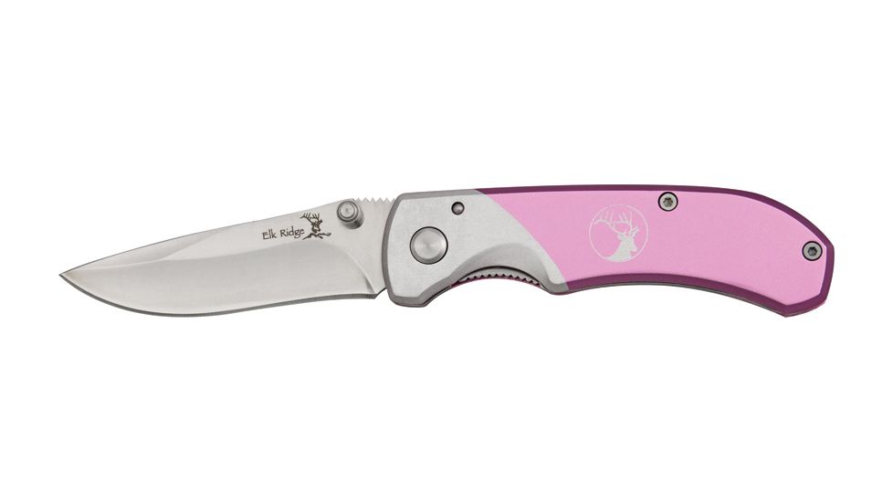 Elk Ridge Medium Linerlock Folding Knife, 2.75in, Carbon Steel Blade, Pink/Silver Aluminum Handle ER147