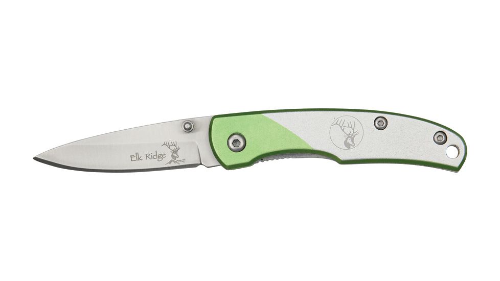 Elk Ridge Two Tone Linerlock Folding Knife 2in, 2in, Stainless Blade, Silver/Green Aluminum Handle ER132GN