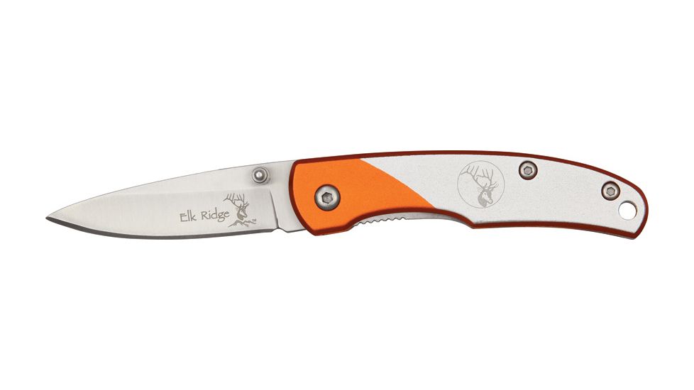 Elk Ridge Two Tone Linerlock Folding Knife 2in, 2in, Stainless Blade, Silver/Orange Aluminum Handle ER132OR