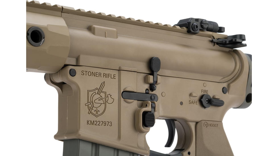 EMG Helios Knights Armament Licensed SR-16E Mod2 MLOK Airsoft AEG Rifle, CQB, Tan, Large, AR-074E