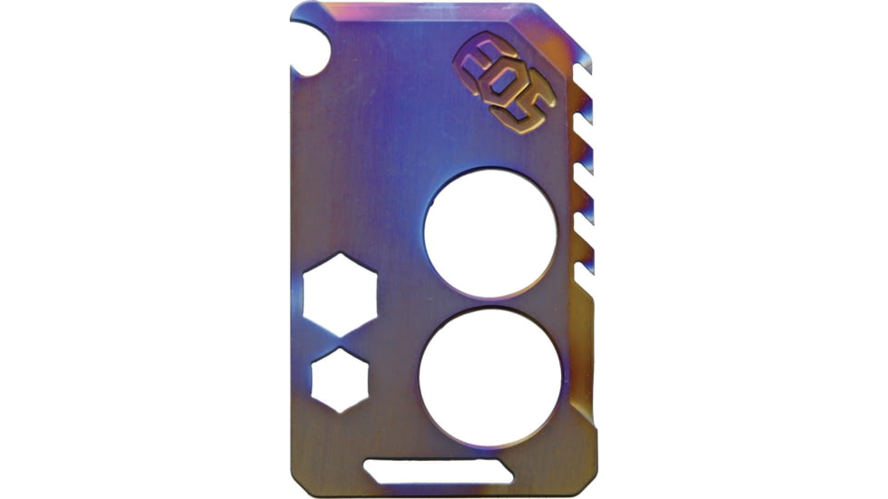 EOS Knife Card Ti Flame, 3.5in X 2.13in, Titanium Construction, Tools Include, Bottle Opener L Lanyard Loop, Flame Anodized Finish, Two Semi-Sharp Edges, Plain And Serrated, Wrench 1/4, 3/8, 1/2, CARDTIFLAME