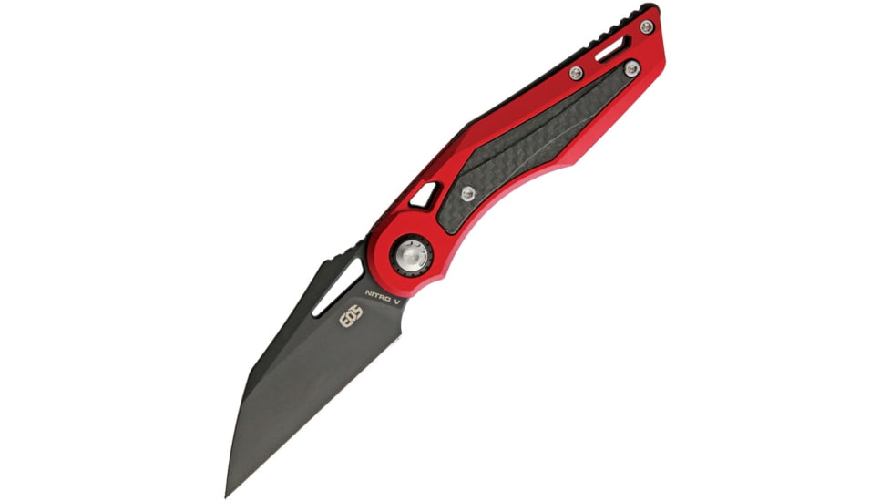 EOS Urchin Friction Folder Red Folding Knife, 3in Black Dlc Coated Nitro V Steel Blade, Red Titanium Handle With Carbon Fiber Inlay, Pocket Clip, Slip Joint, EOS044