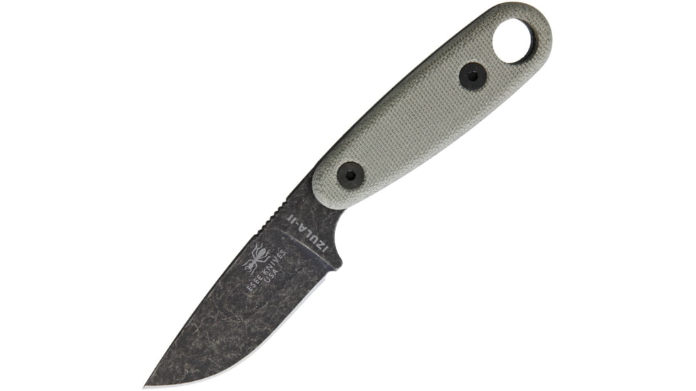 Esee Izula II Oxide Knife, 6.75in Overall, 2.63in Black Oxide Coated 1095Hc Steel Blade, Green Canvas Micarta Handle, Clip Plate Attachment For Sheath, Black Molded Plastic Sheath, IZULA-II-B-BO