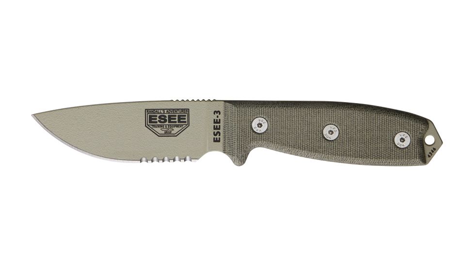 Esee Mdl 3 Part Srtd Fxd Blde Knife, 3.75in, Srtd, Light Green Micarta Hdl RC3SDT