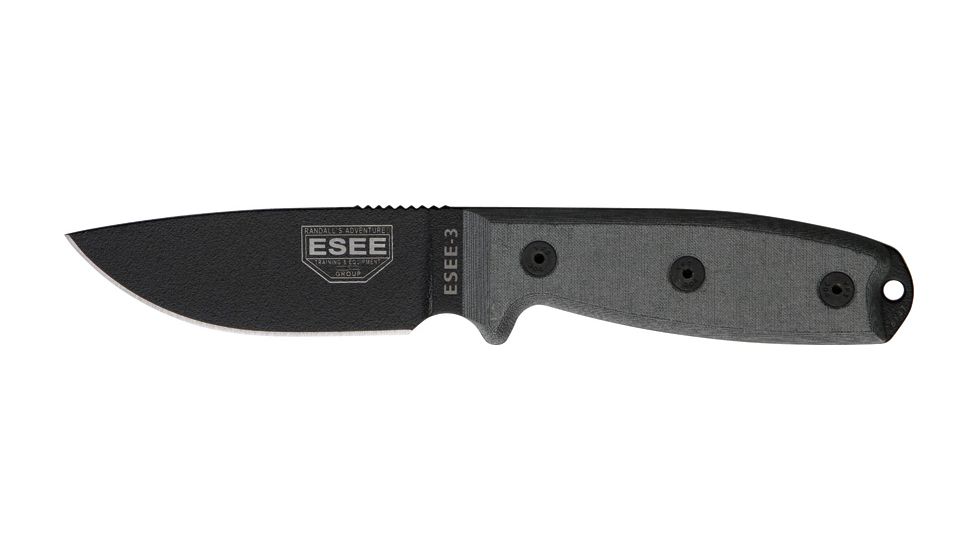 Esee Mdl 3 Stnd Edge Fxd Knife, 3.75in, Black Steel, Black Hdl, Brown/Black Sheath,plate ES3PMMB
