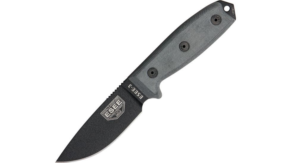 Esee Mdl 3 Stnd Edge Fxd Knife, 3.75in, Carbon Steel Stnd Edge Blde, Black Micarta Hdl,Pommel, Black Sheath ES3PBMB