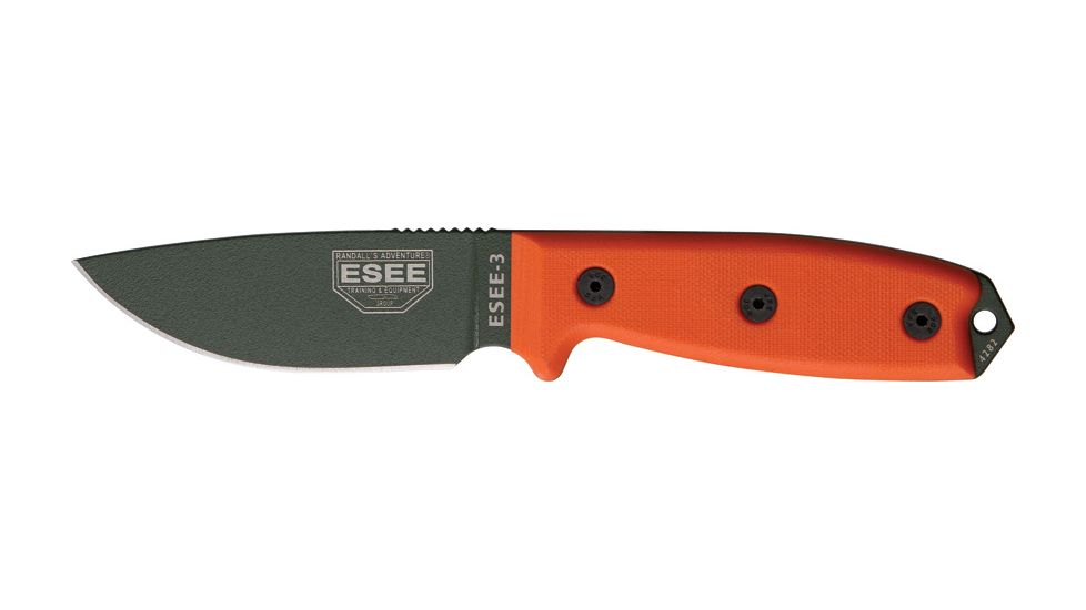 Esee Mdl 3 Stnd Edge Fxd Knife, 3.75in, OD Green Steel, Orange G10 Hdl,Pommel, Black Sheath and steel clip plate RC3POD