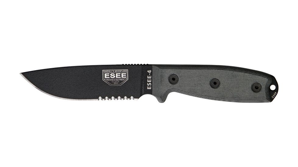 Esee Mdl 4 Part Srtd Fxd Blde Knife, 4.5in, Srtd, Black Linen Micarta Hdl, sheath,clip plate RC4S
