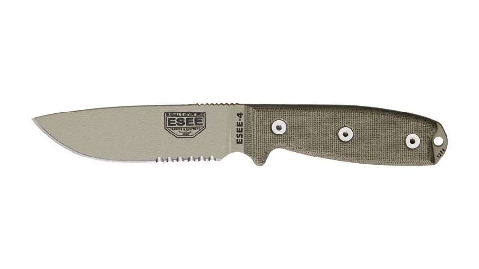 Esee Mdl 4 Part Srtd Fxd Knife, 4.5in, Srtd, OD Green Canvas Micarta Hdl RC4SDT