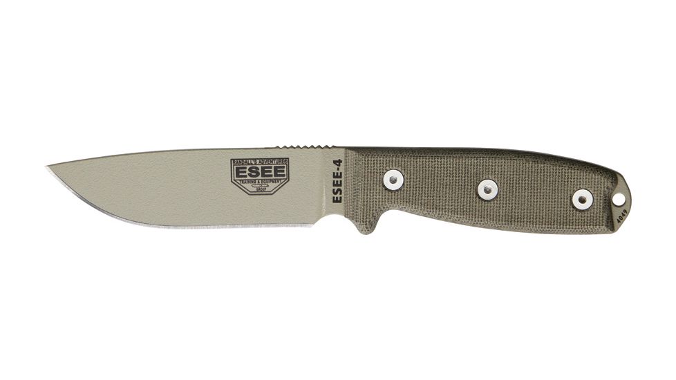 Esee Mdl 4 Plain Edge Fxd Knife, 4.5in, Desert Tan Steel, OD Green Canvas Micarta Hdl,pommel, Sheath, Clip plate ES4PMBDT