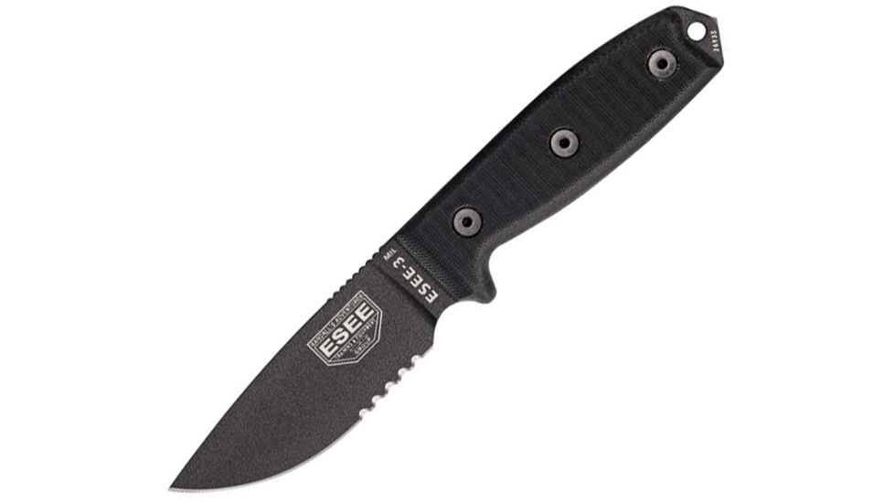ESEE Model 3 Black G-10 Serrated, with lanyard cord ES3MILSBLK