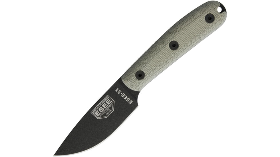 Esee Model 3 Traditional Handle Knife, 8.25in Overall, 3.63in Black Powder Coated 1095Hc Steel Drop Point, Green Canvas Micarta Handle, Traditional Handle, Black Kydex Sheath, ESEE-3HM-K