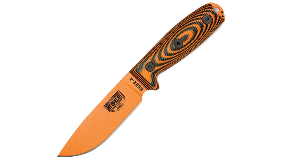 Esee Model 4 3D Fixed Blade Orange Knife, 4.5 orange powder coated 1095HC steel blade, Black and orange 3D machined G10 handle, 4POR-006