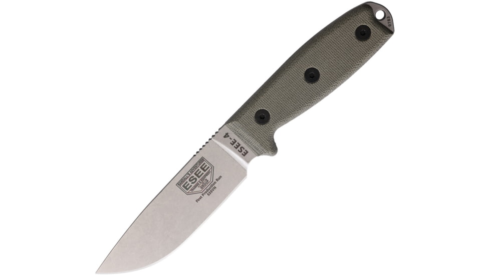 Esee Model 4 S35VN Micarta Knife, 4.5 stonewash finish S35VN stainless drop point b, Green linen micarta handle, ESEE-4PS35V