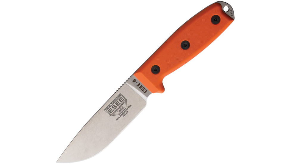Esee Model 4 S35VN Orange G10 Knife, 4.5 stonewash finish S35VN stainless drop point b, Orange G10 handle, ESEE-4PS35VNOR