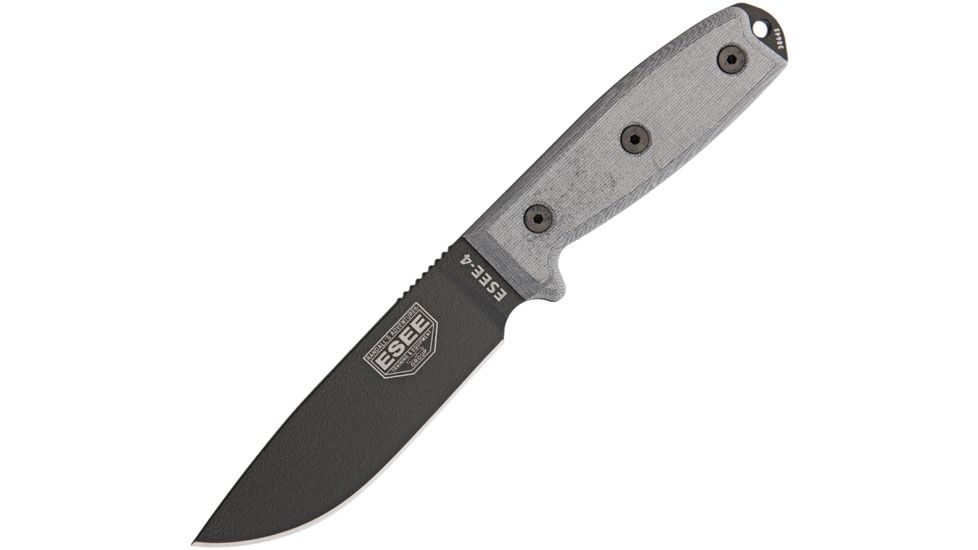 Esee Model 4 Stainless Plain Fixed Blade Knife, 9in, 4.5in, 440C Steel, Drop Point, Black, Linen Micarta Handle, Black Molle Sheath ES4PMBB