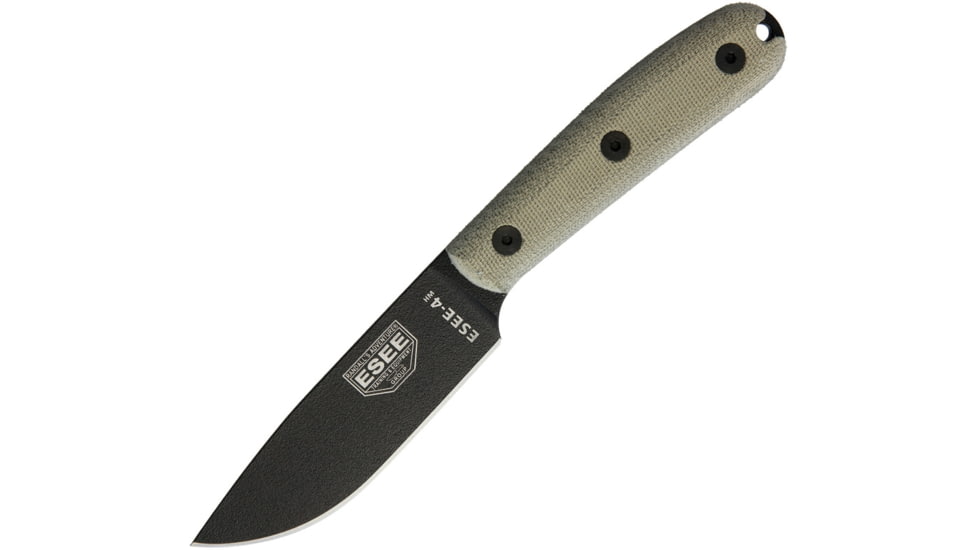 Esee Model 4 Traditional Knife, 9in Overall, 4.5in Black Powder Coated 1095Hc Steel Drop Point, Green Canvas Micarta Handle, Black Kydex Sheath, ESEE-4HM-K