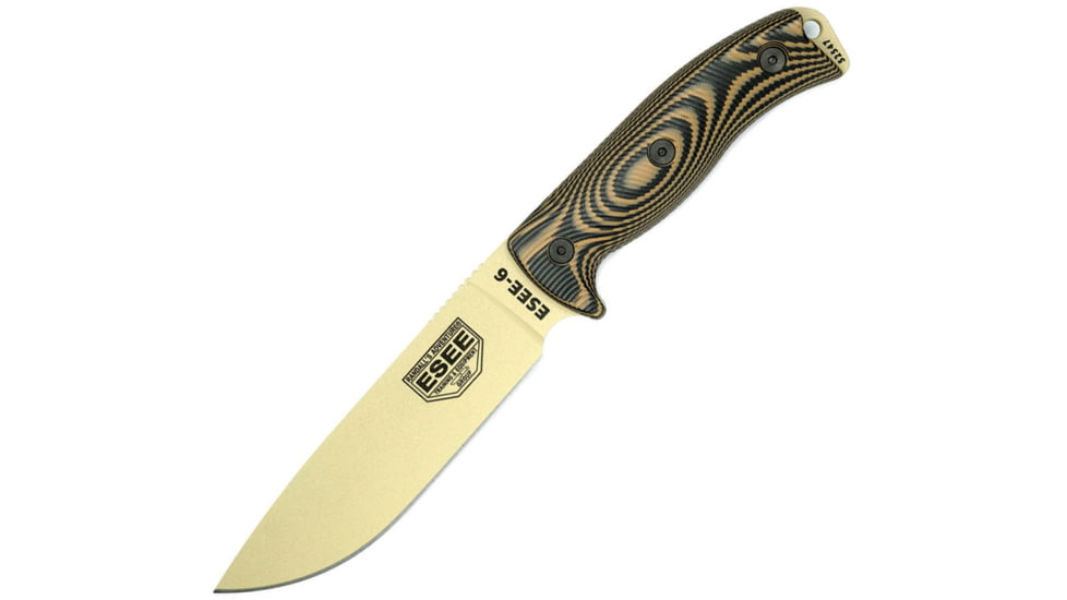 Esee Model 6 Fixed Blade Tan Knife, 5.25 desert tan powder coated 1095HC steel blade, Black and coyote brown 3D machined G10 handle, 6PDT-005