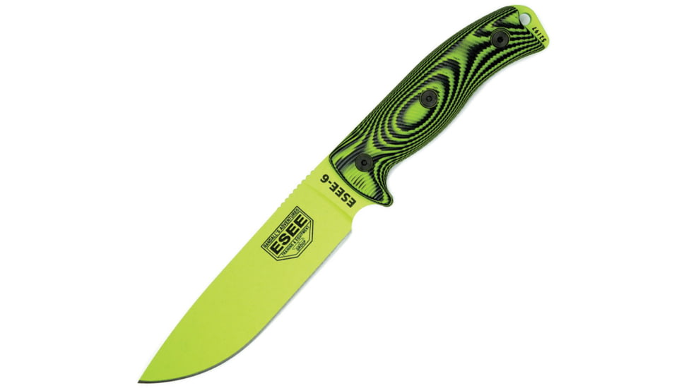 Esee Model 6 Fixed Blade Venom Knife, 5.25 green powder coated 1095HC steel blade, Black and green 3D machined G10 handle, 6PVG-007