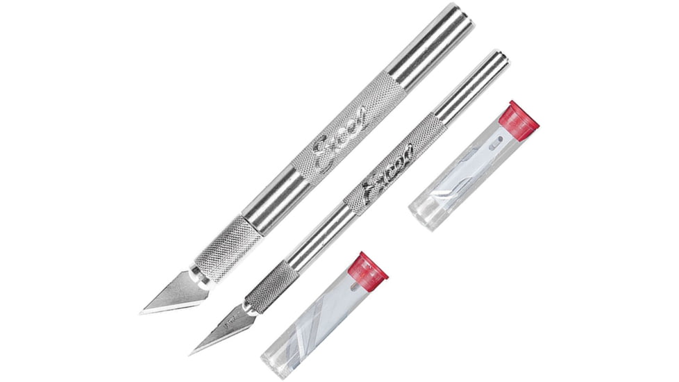Excel Blades Basic Knife Set Fixed Blade Knife, 4.75in Overall, Aluminum Handle, Includes, K1 Light Duty Knife, K2 Medium Duty Knife With Safety Caps, 10 Assorted Blades 5,6,10,11,12,13,15,16,17, 19062
