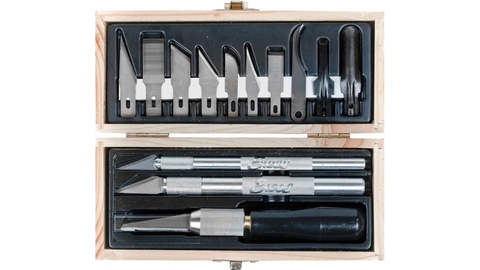 Excel Blades Professional Woodcarving Set Fixed Blade Knife, K1 Light Duty Knife, K2 Medium Duty Knife, K7 Woodcarving Knife, 10 Assorted Blades And Gouges, 44290