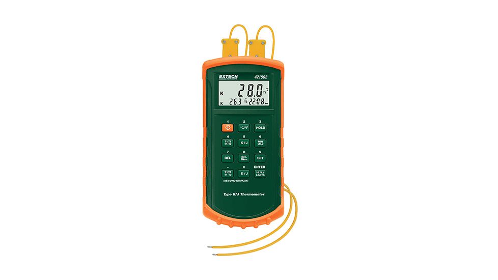 Extech Instruments Thermometer, Dual J/K W/Probes, Holster, 421502