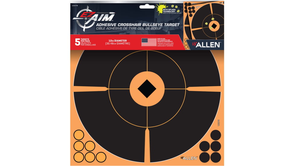 EZ-Aim Adhesive Paper Splash Shooting Targets, Crosshair Bullseye, 12-Pack, Black/Orange, 12 in x 12 in, 15376