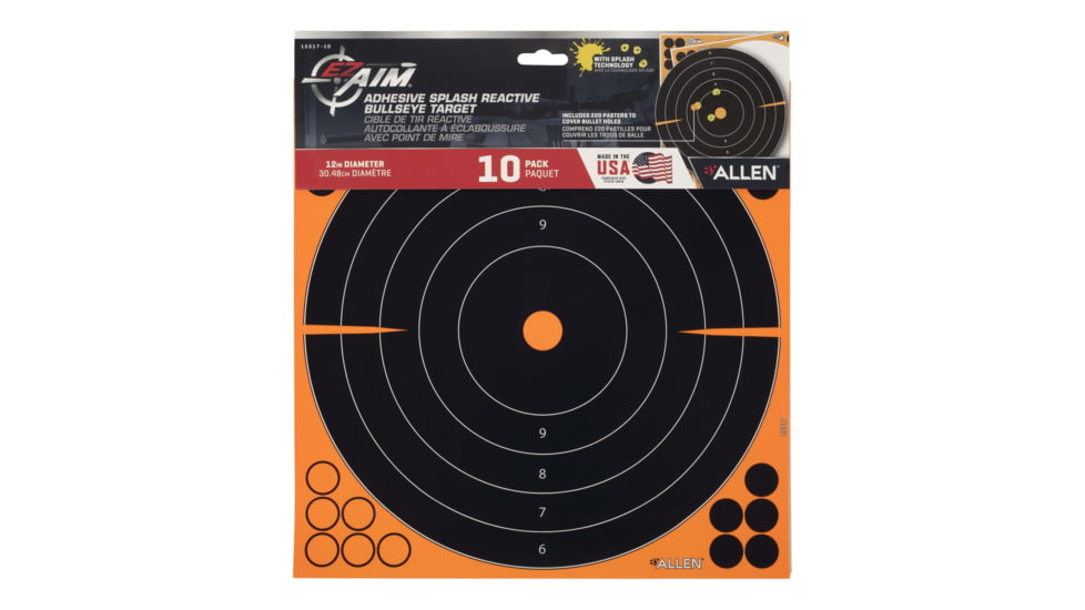 EZ-Aim Allen Splash Reactive Adhesive Paper Bullseye Shooting Targets, 12x12in, 10-Pack, Black/Orange, 15317-10
