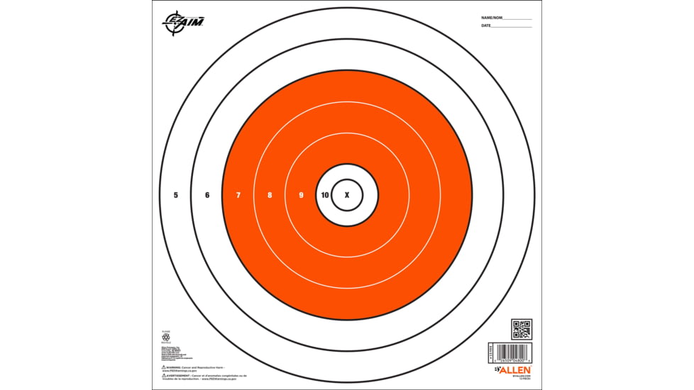 EZ-Aim Paper Shooting Target, Bullseye, 12in Square, Orange/White, 15496