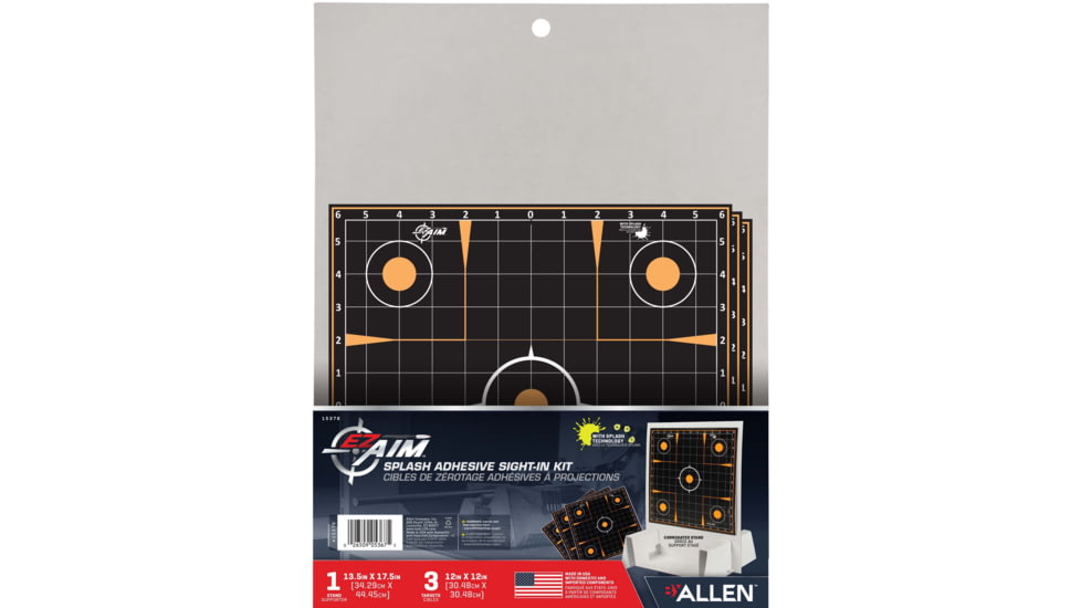 EZ-Aim Sight-In Splash Shooting Kit &amp; Target Stand, 12in Square Adhesive Targets, Black/Orange, 13.5W x 17.5H, 15378