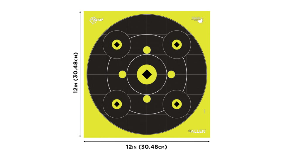 EZ-Aim Splash Reactive Adhesive Paper Bullseye Shooting Targets w/8 Aiming Points, 12in Square, 12-Pack, Black/Chartreuse, 15577