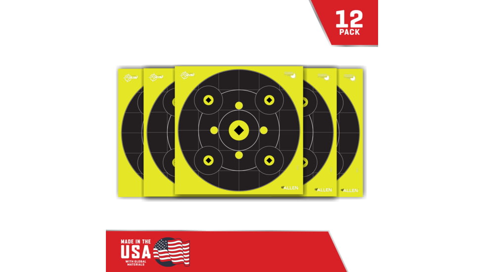 EZ-Aim Splash Reactive Adhesive Paper Bullseye Shooting Targets w/8 Aiming Points, 12in Square, 12-Pack, Black/Chartreuse, 15577
