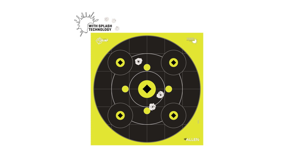 EZ-Aim Splash Reactive Adhesive Paper Bullseye Shooting Targets w/8 Aiming Points, 12in Square, 12-Pack, Black/Chartreuse, 15577