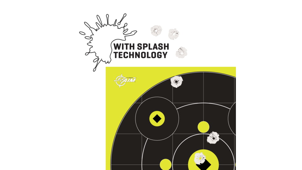 EZ-Aim Splash Reactive Adhesive Paper Bullseye Shooting Targets w/8 Aiming Points, 12in Square, 12-Pack, Black/Chartreuse, 15577